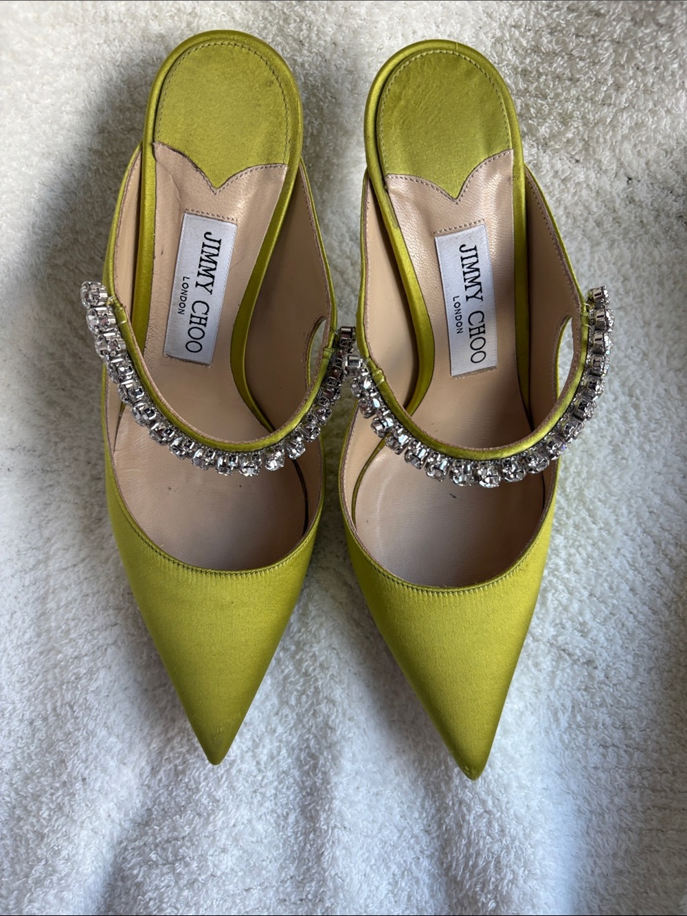 Jimmy Choo Chartreuse Crystal-Strap Pointed Toe Stilettos 37 1/2 - Picture 2 of 9